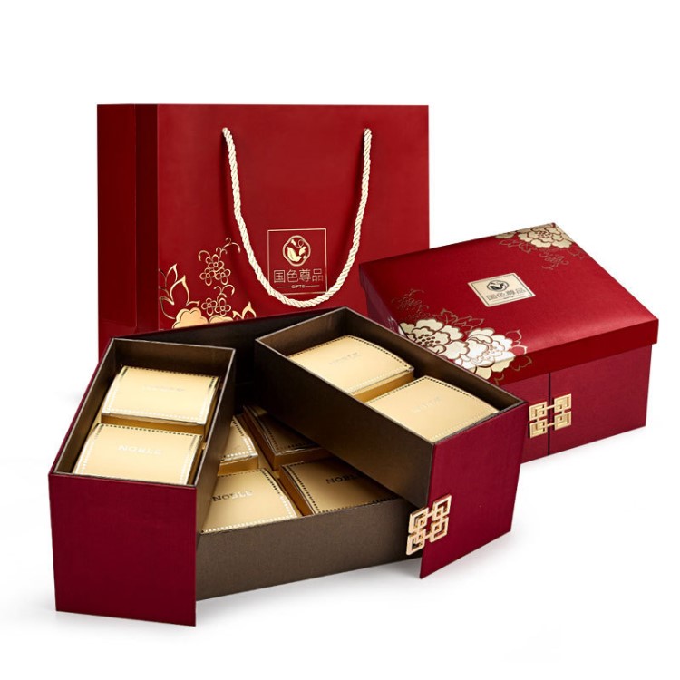 中秋月饼礼盒酒红色布面8粒装包装盒子定做现货批发