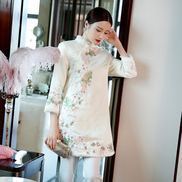 冬季旗袍女中國(guó)風(fēng)女裝中式小棉襖刺繡夾棉加厚保暖旗袍棉衣唐裝女
