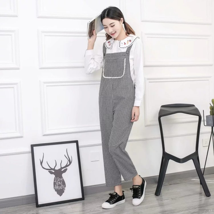 小清新學院風仙女學生百搭甜美可愛簡約格子蕾絲花邊口袋背帶褲