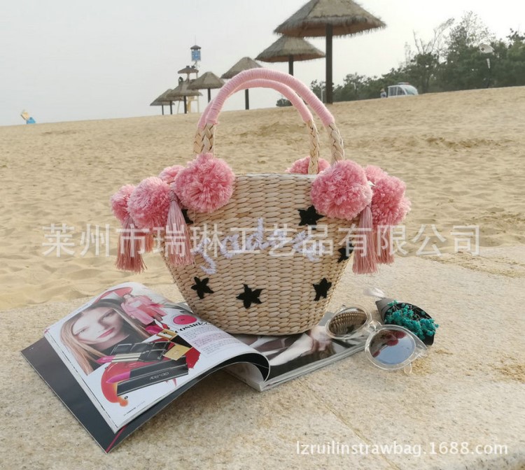 2017新品繡球流蘇星星英文刺繡海邊度假手提草編包女 可定制名字