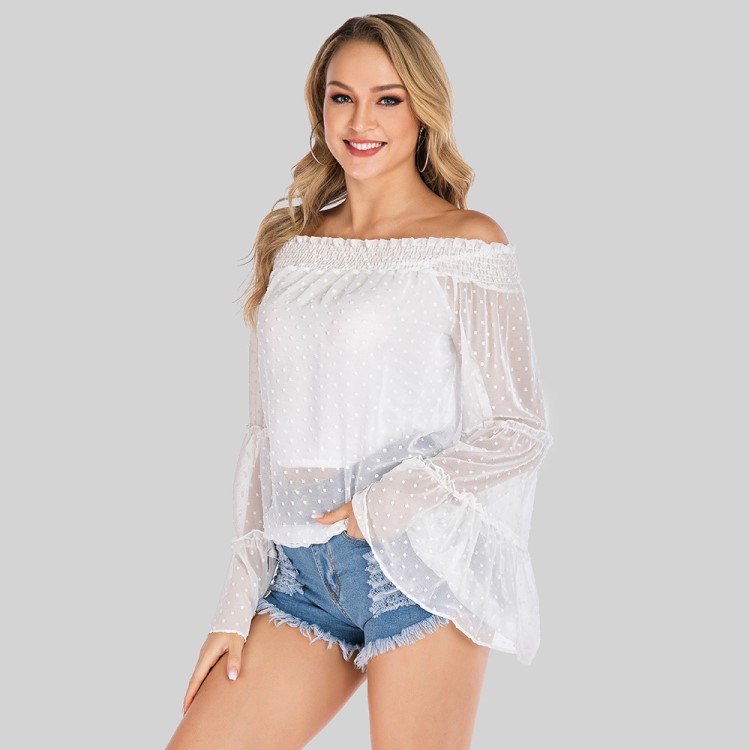 秋季新款時尚荷葉邊一字領(lǐng)露肩喇叭長袖蠶型波點圖案雪紡衫 JR233