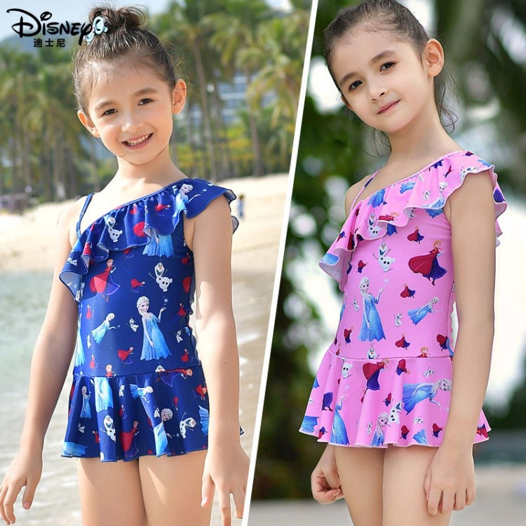 迪士尼兒童泳衣6女童連體速干卡通冰雪奇緣8女孩米妮半袖游泳衣12