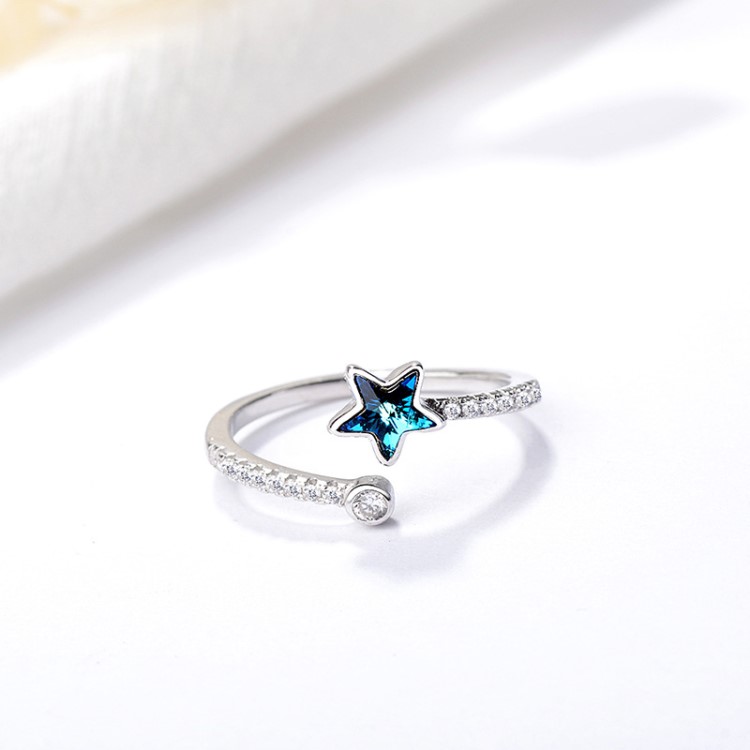 s925銀星星戒指女韓版小清新藍鉆單排鉆五角星開口戒指批發(fā)代發(fā)