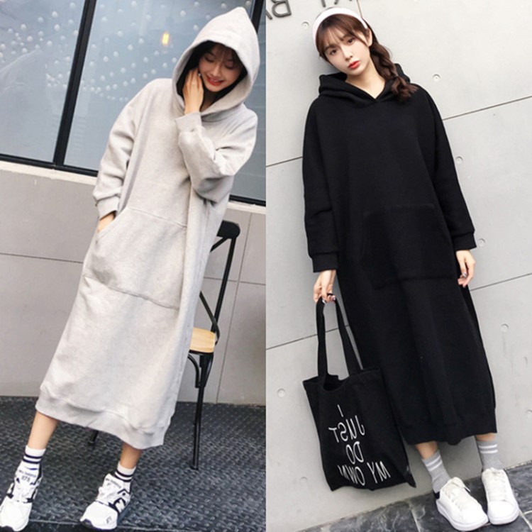 大碼長款衛(wèi)衣女200斤胖mm寬松2019秋冬裝新款韓版加絨加厚連衣裙
