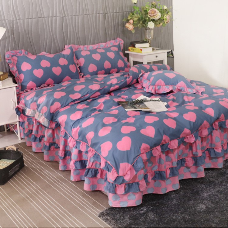 結婚床上用品四件套全棉棉床單被套床裙式公主風1.8m米床荷葉邊