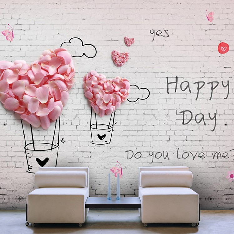 5d砖纹心形爱情主题宾馆壁纸玫瑰花瓣背景墙网红甜品奶茶店墙纸