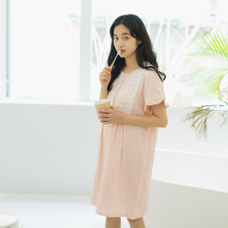 春夏季雙層紗新款睡裙女短袖全棉公主韓國花邊蕾絲棉睡衣家居服