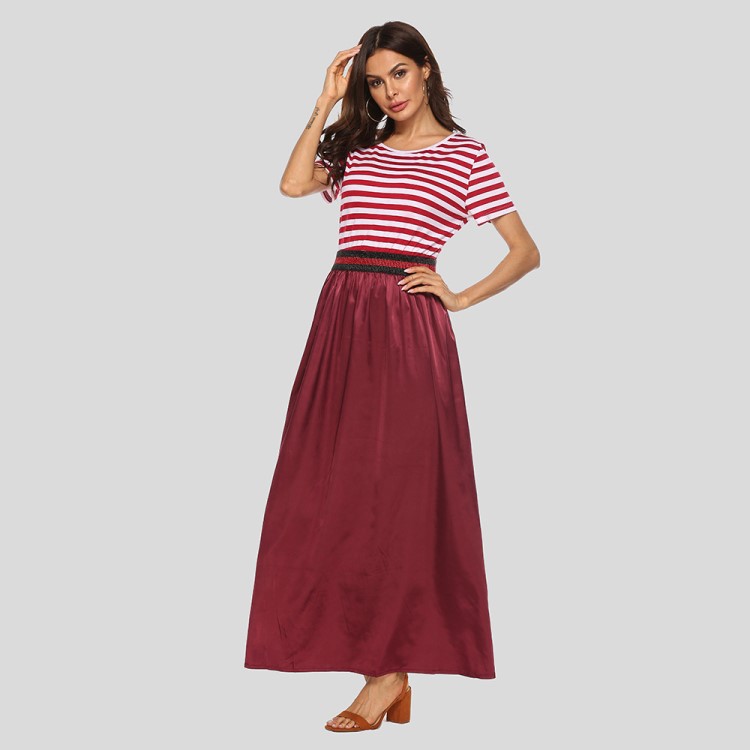 模特實拍 阿拉伯服夏季新款圓領(lǐng)條紋拼接短袖長裙連衣裙 JR319