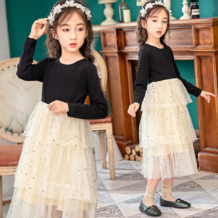 女童中大童秋款連衣裙公主裙超洋氣蓬蓬蛋糕裙兒童韓版星星裙子