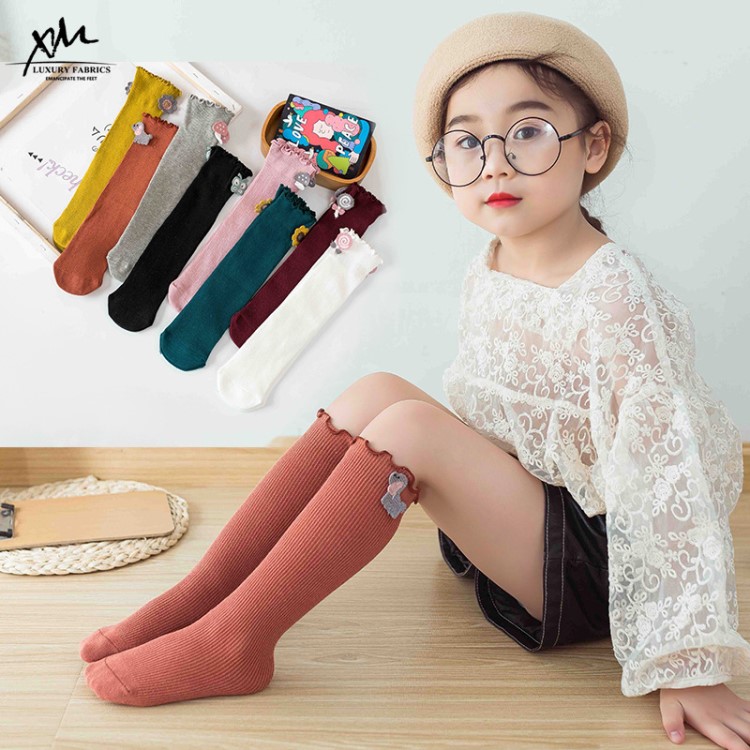 秋冬新款儿童长筒袜公主糖果色木耳边宝宝袜子可爱卡通女童堆堆袜