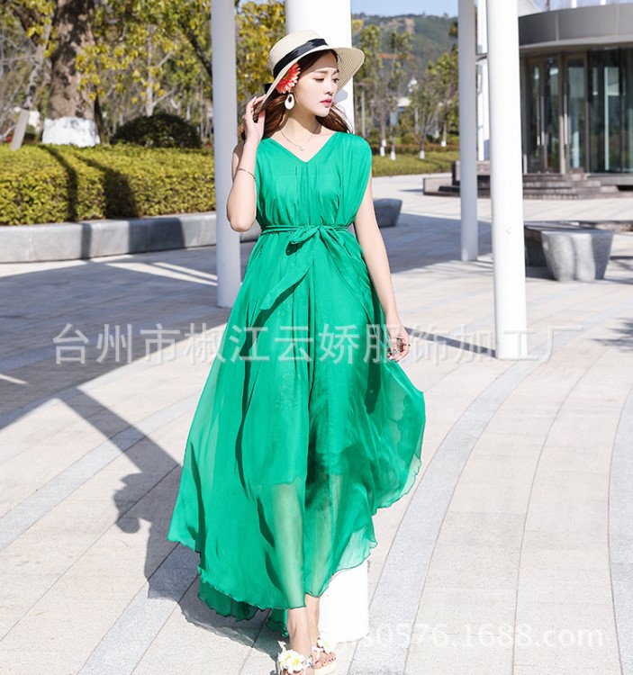 新品原創海灘連衣裙度假性感沙灘裙波西米亞V領雪紡大擺裙仙裙子