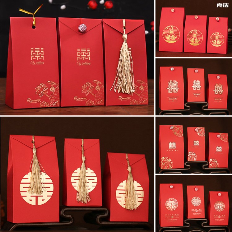 結婚喜糖盒中式伴手禮婚禮盒回禮糖果袋創意包裝紙盒子現貨批發