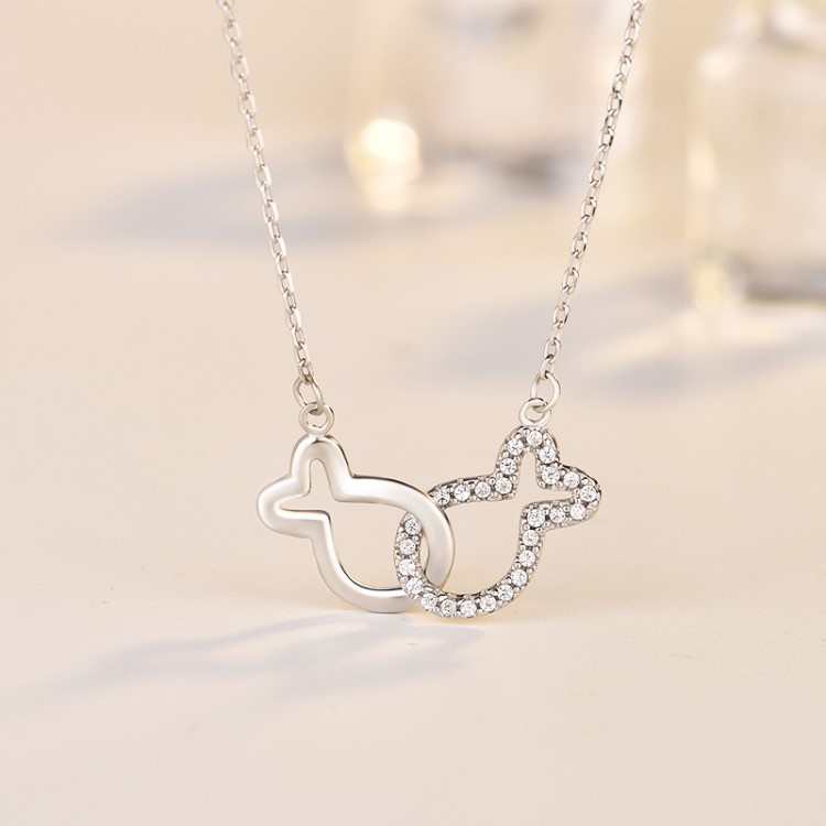 麗銘小眾銀雙環接吻魚鎖骨項墜 森系輕奢小清新女頸戴925銀項鏈