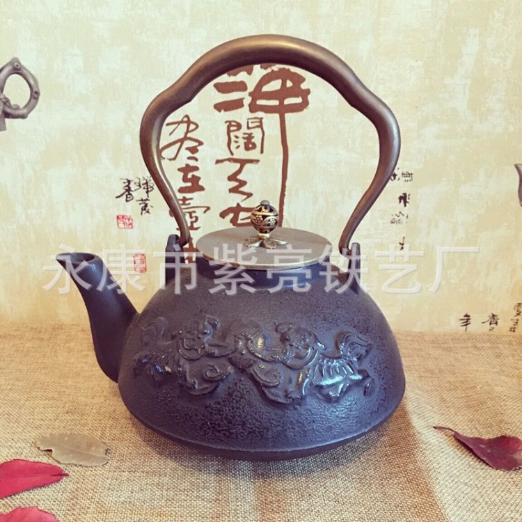 廠家直銷保健鑄鐵茶壺 禮品壺銅把銅蓋雙獅戲珠麒麟無涂層