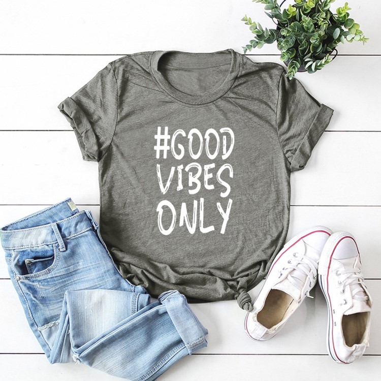 現貨！ 亞馬遜 eaby wish爆款good vibes only字母短袖大碼女T恤