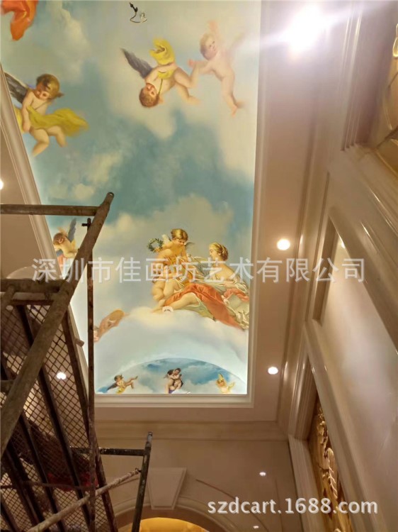 佳画坊 手绘欧洲古典神话天使墙绘壁画 上海酒店穹顶天顶画项目