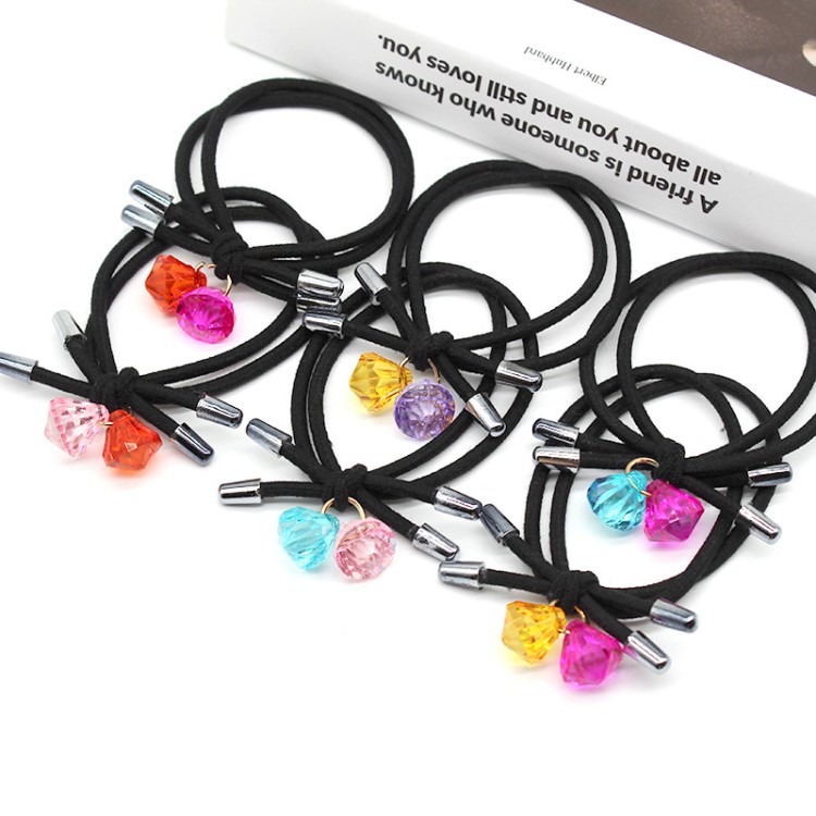 韓式高彈力發圈雙條打結發繩掛兩顆透明彩色珠子鉆石造型發飾皮筋