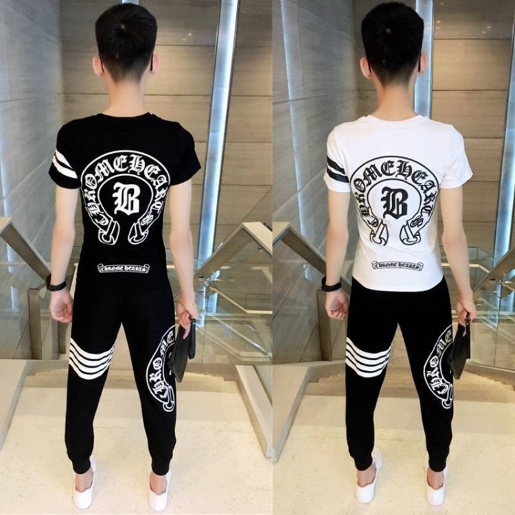 潮牌克羅心短袖男套裝夏季網紅修身社會人兩件套法老精神小伙褲子