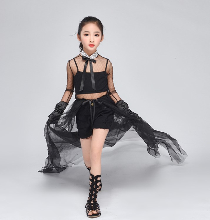 女童酷帥黑潮服套裝車模服裝模特比賽時尚個性兒童御姐風走秀服裝