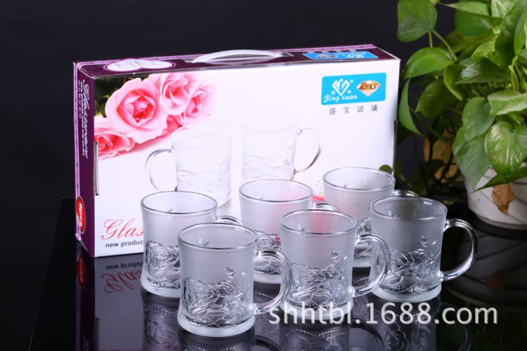 禮品套裝玫瑰玻璃把杯禮盒六件套玫瑰花刻花磨砂馬克杯