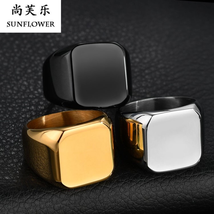 歐美男士飾品 簡約全光面光身方塊戒指 不銹鋼方形平板指環可刻字