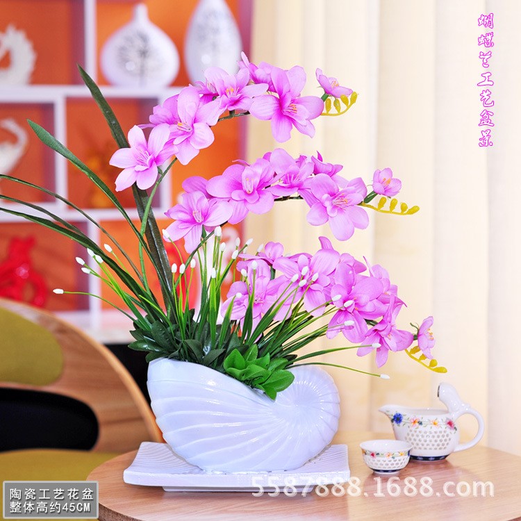 仿真蝴蝶蘭花蝸牛盆套裝盆景擺件家居裝飾絹布插花人造花盆栽