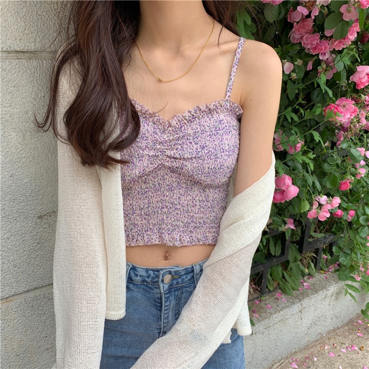 碎花雪紡小吊帶背心女外穿2019新款夏季修身內(nèi)搭短款打底無袖上衣