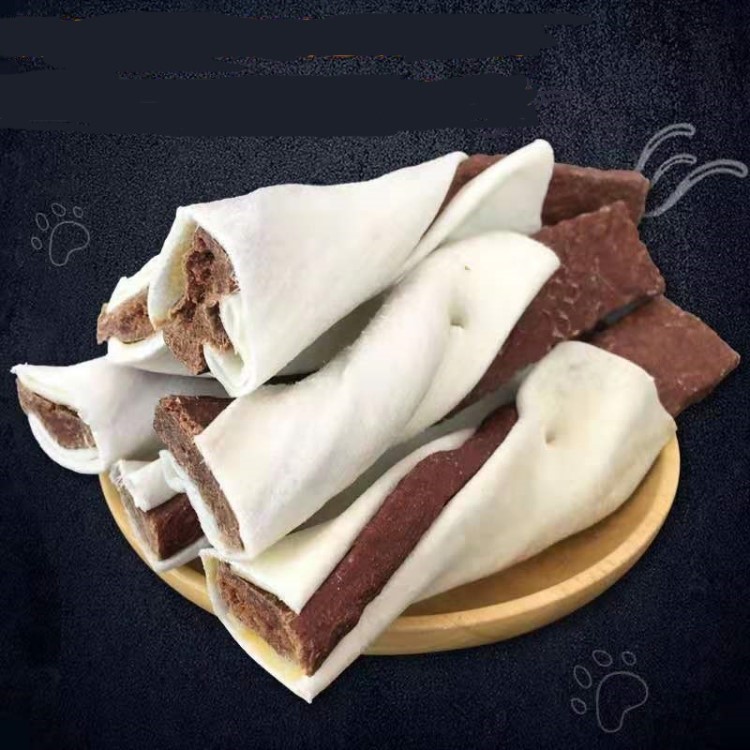 新品堅(jiān)韌耐咬真牛皮卷夾牛肉狗狗零食 大型犬磨牙潔齒牛肉卷400g