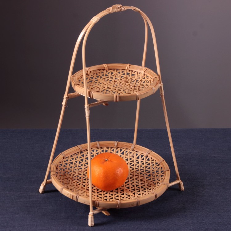 雙層竹編收納吊籃 水果盤提籃子茶點心竹籃 家居儲物筐面包蛋糕架