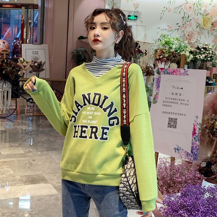 2019網(wǎng)紅同款韓國東大門早秋寬松拼接條紋高領(lǐng)假兩件衛(wèi)衣女上衣潮