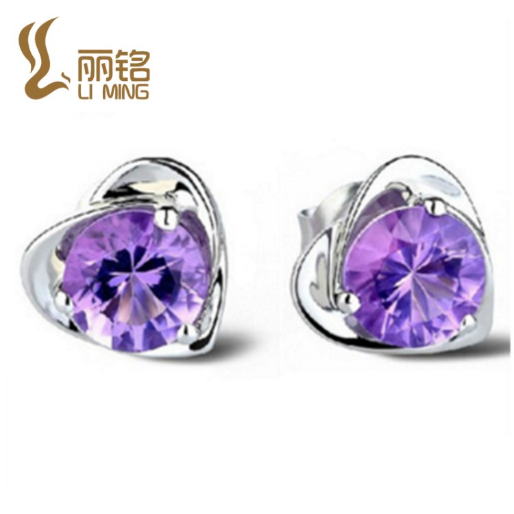 麗銘銀飾 韓版創意水晶耳釘 心形鋯石耳釘s925銀配飾流行飾品