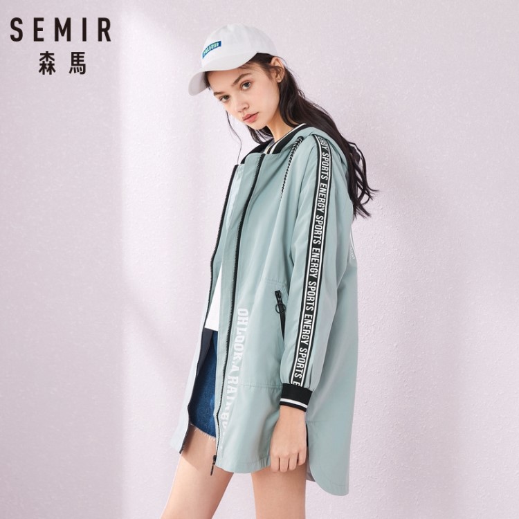森馬風衣女2019秋季新款連帽中長款bf風軍綠色學院風大衣春秋外套