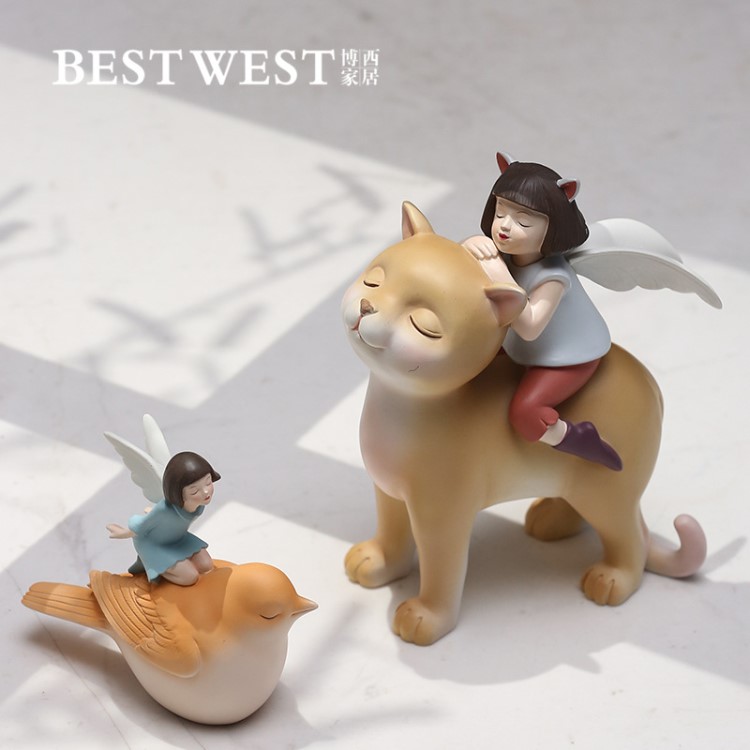 BEST WEST 童話系列精靈女孩與貓咪可愛樹脂擺件家居桌面裝飾品