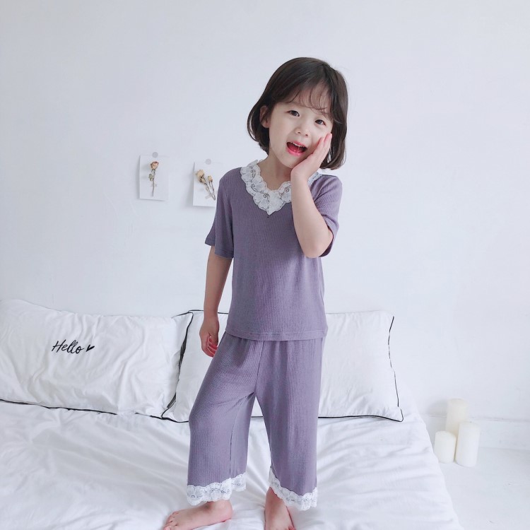 2019夏季領口花邊女童童裝家居服輕薄貼身睡衣兩件套廠家一件代發(fā)