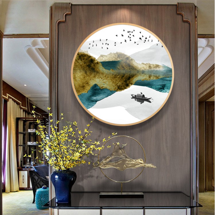 圆形装饰画 客厅装饰画 新中式挂画 山水画背景墙玄关装饰画 代发