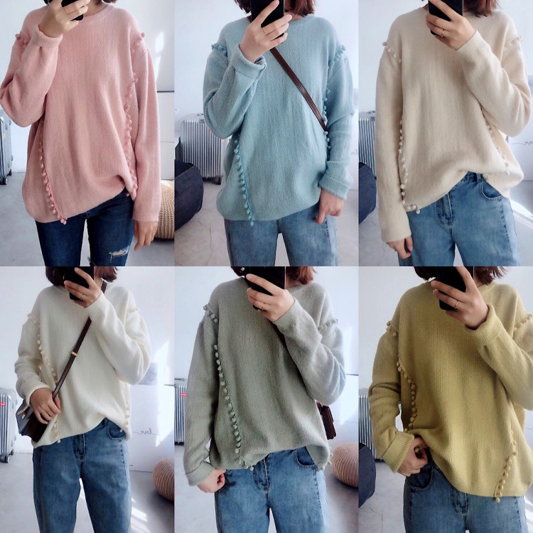 19秋冬韓國女裝新款 流蘇豆豆六色凈色打底針織衫毛衣女 100705