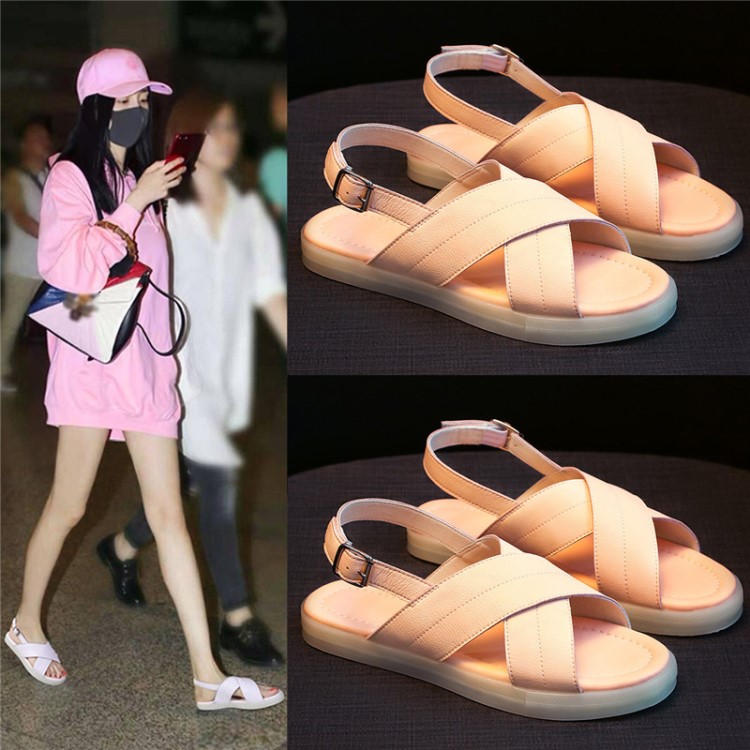 韓版夏季涼鞋女2019新款真皮軟底舒適百搭魚嘴簡約牛筋平底孕婦鞋