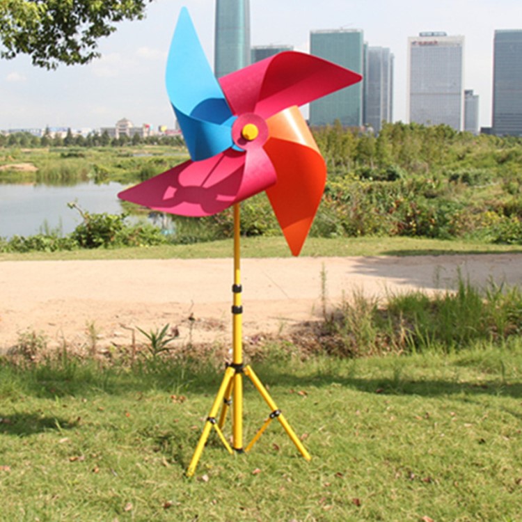 厂家直销装饰园林摄影喜庆七彩向日葵四角大风车木杆风车节批发