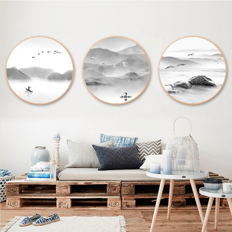 大芬油畫廠代發山水畫新中式玄關餐廳臥室客廳水墨裝飾圓框油畫