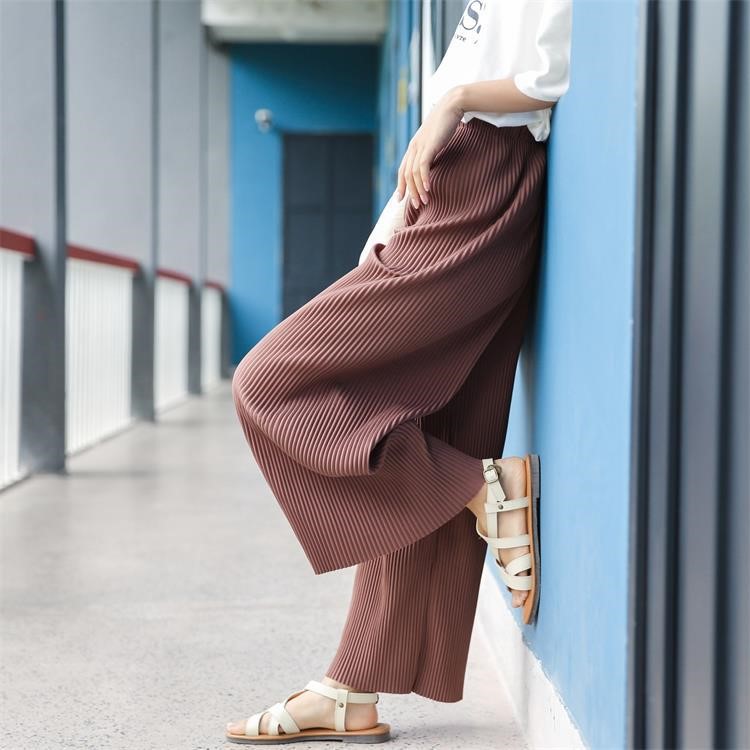 实拍夏新款百褶休闲裤阔腿裤韩版大码女裤高腰松紧腰抽绳九分裤