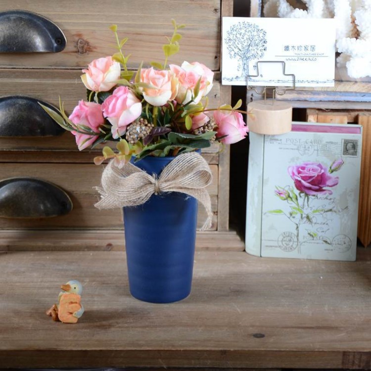 英倫風(fēng)小藍(lán)花瓶 玫瑰花束盆栽仿真植物擺件 家居裝飾假花擺設(shè)精品