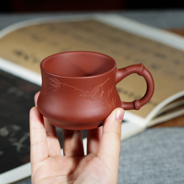 帶耳紫砂小茶杯主人貼竹葉紫砂杯手工杯復(fù)古風(fēng)功夫中式宜興紫砂