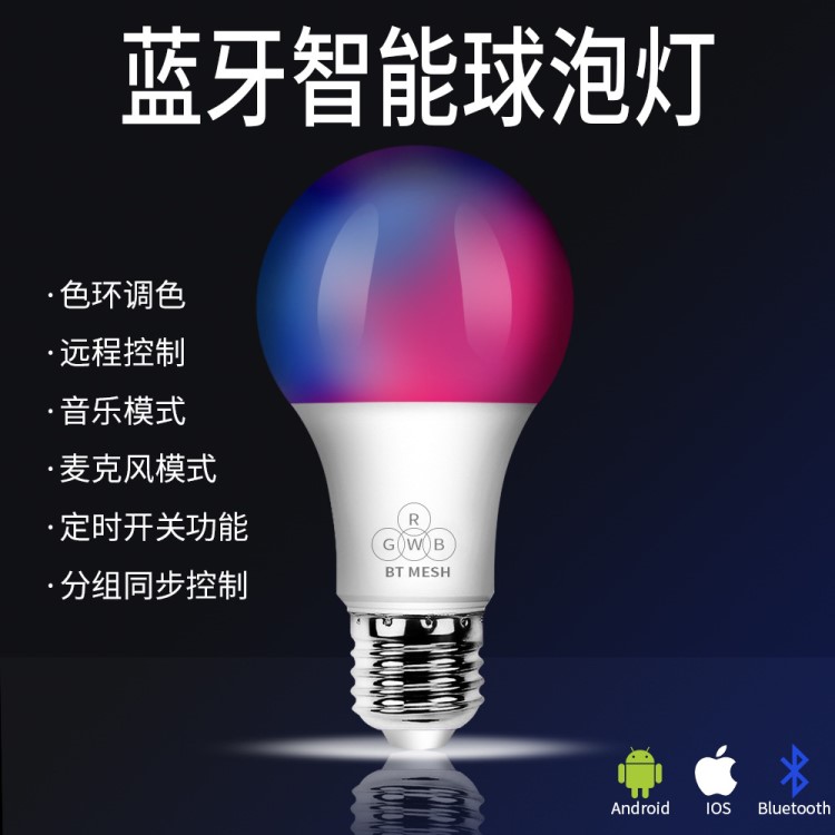 廠家直銷4.5W智能藍牙Mesh組網燈泡 LED調光調色群控RGBW球泡燈