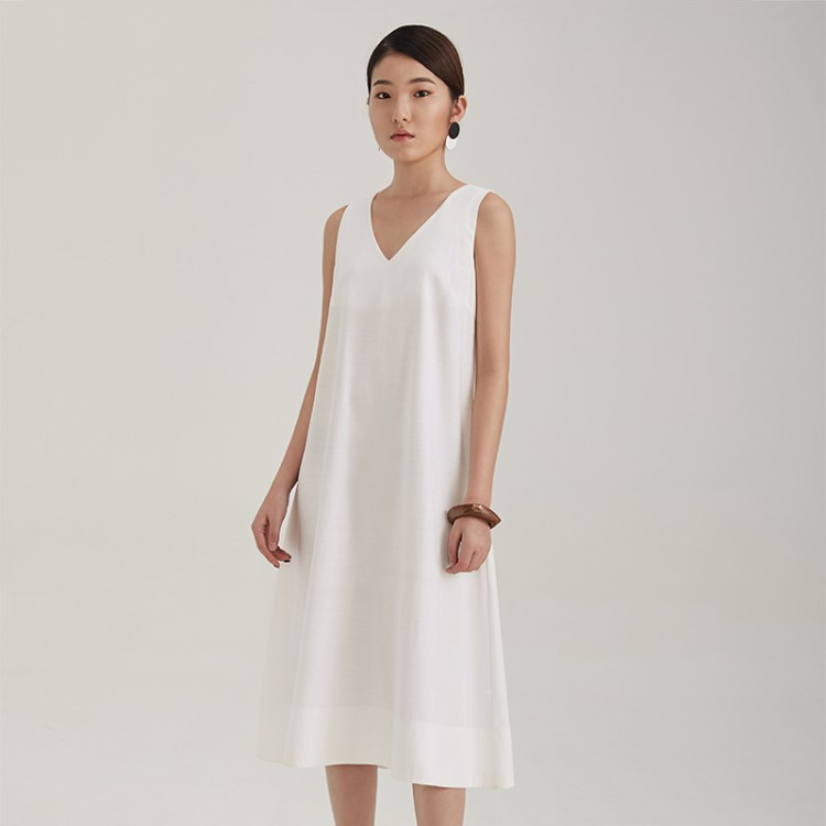 原創設計2019夏季新款素色無袖連衣裙女白色中長款寬松裙子1901