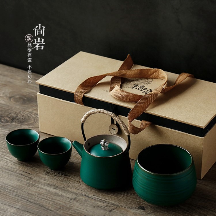 日式粗陶快客杯一壺二杯旅行功夫茶具套裝辦公室家用提梁壺泡茶器