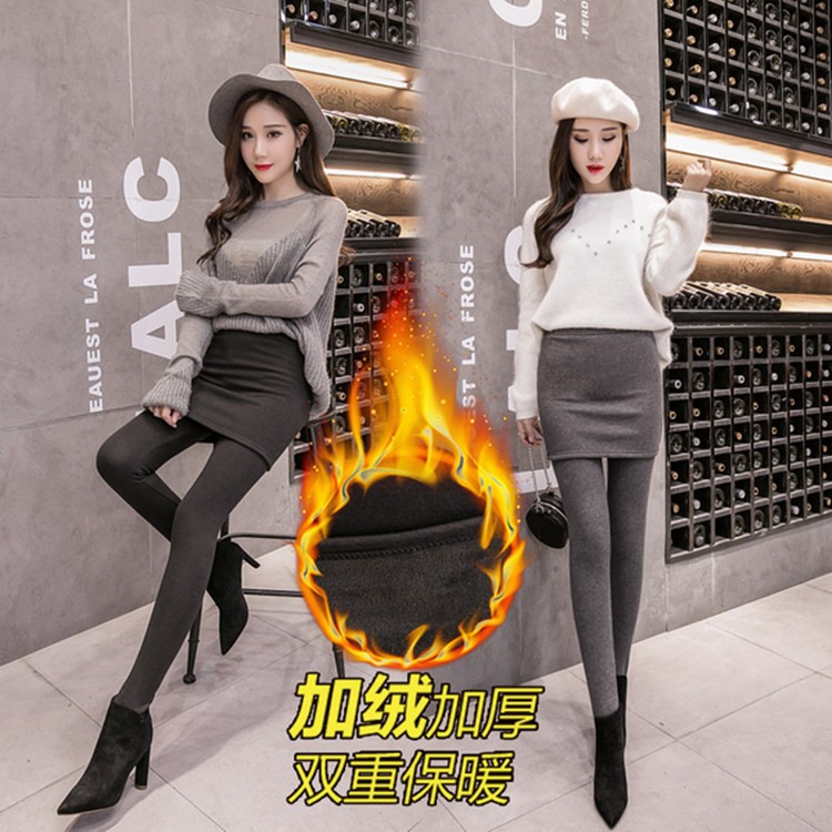 棉不起球冬款不倒絨加絨加厚包臀裙褲彈力假兩件打底褲女保暖褲