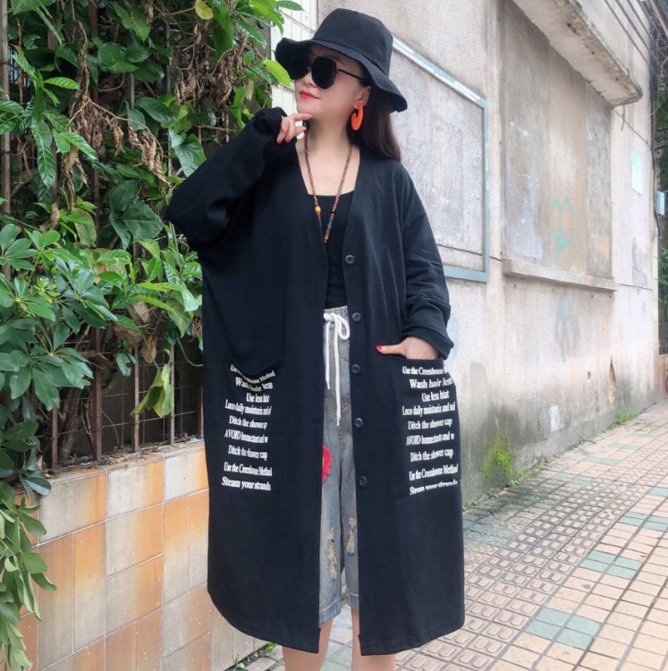 秋季新款文藝印花單排扣寬松大碼百搭休閑中長款外套風衣棉女