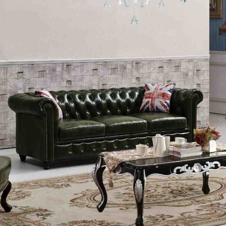 中村美式复古仿油蜡皮沙发美式乡村墨绿色油蜡皮沙发复古真皮沙