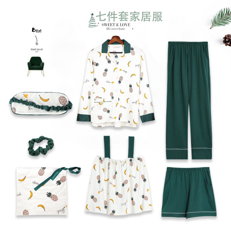 春夏新品收納袋七件套女睡衣舒適棉香蕉菠蘿吊帶長(zhǎng)褲家居服套裝