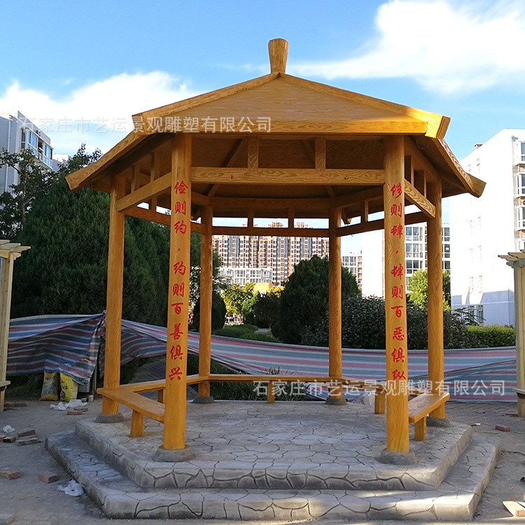 小區(qū)水泥仿木六角亭 公園防腐木四角涼亭 景區(qū)創(chuàng)意亭廊施工廠家